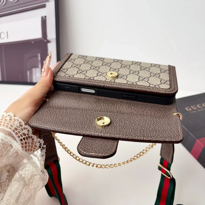 Classic Leather GG iPhone Case With Flip Wallet And Crossbody Strap
