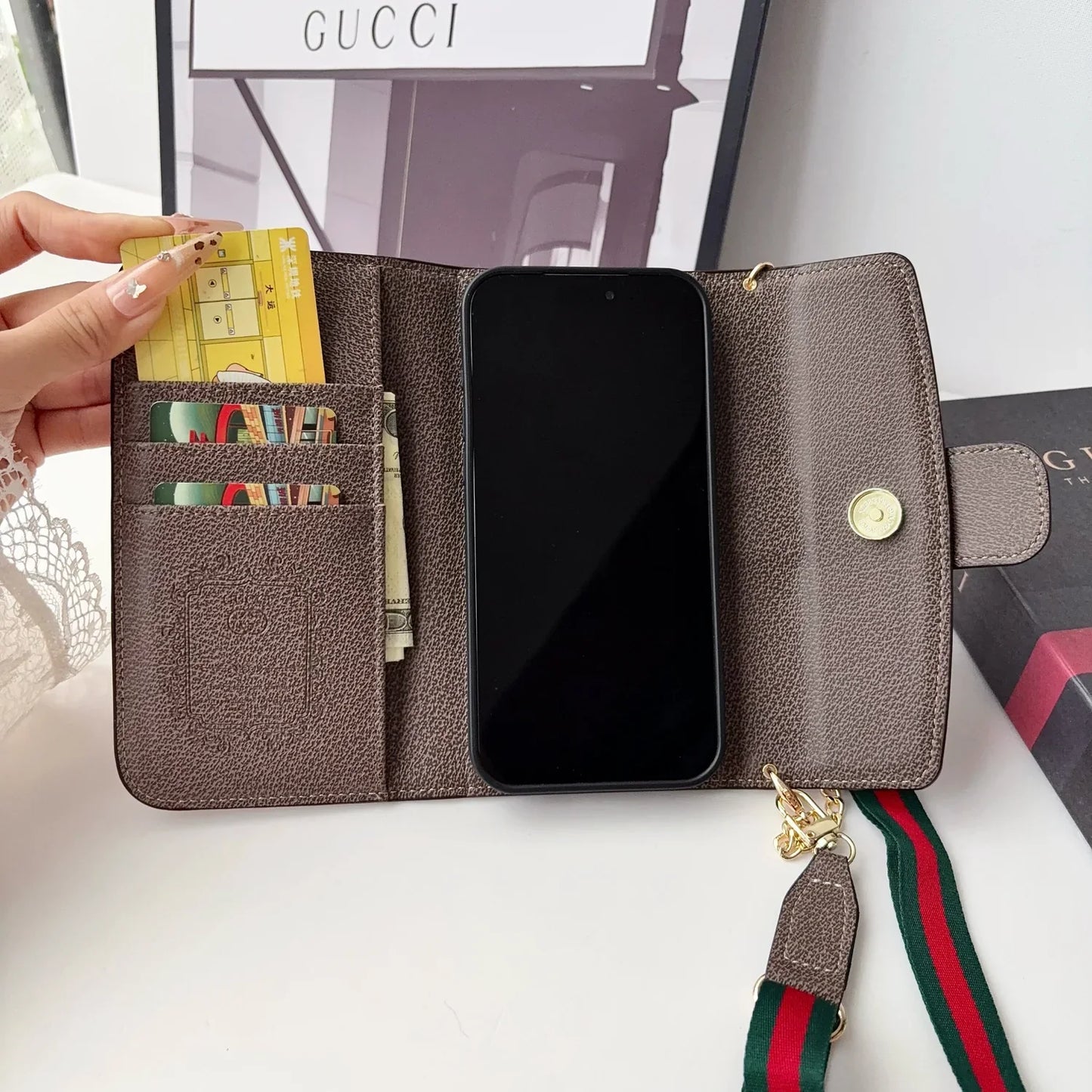 Classic Leather GG iPhone Case With Flip Wallet And Crossbody Strap