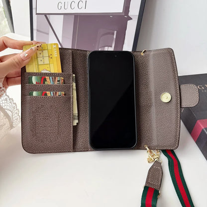 Classic Leather GG iPhone Case With Flip Wallet And Crossbody Strap