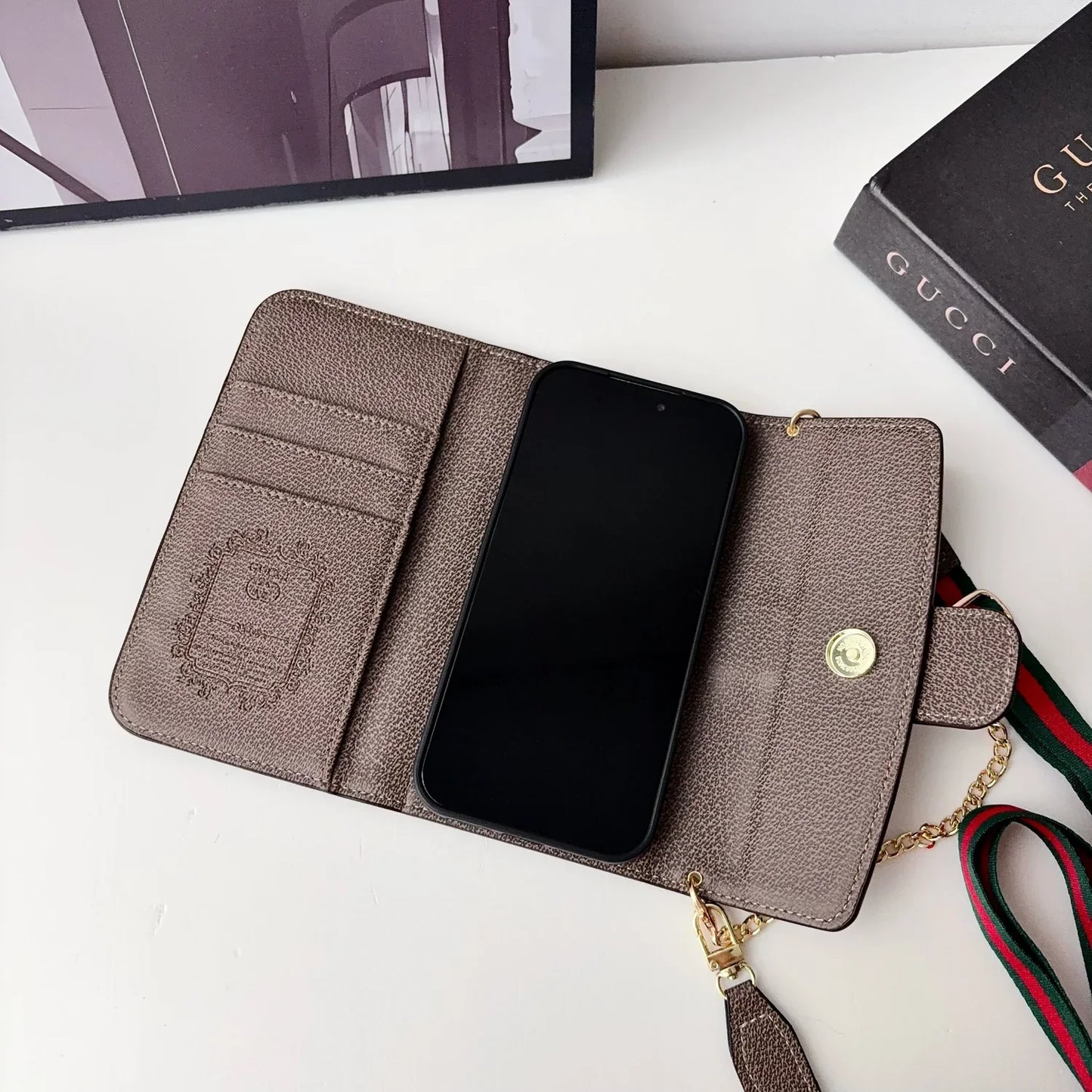 Classic Leather GG iPhone Case With Flip Wallet And Crossbody Strap