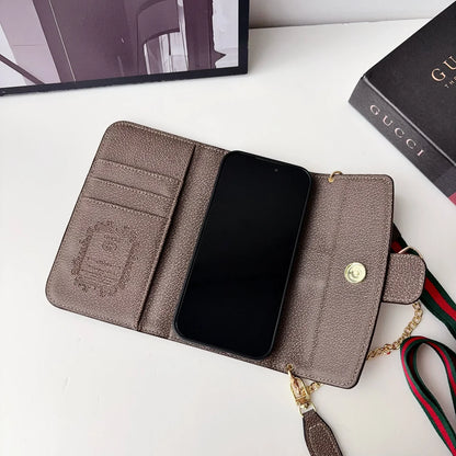 Classic Leather GG iPhone Case With Flip Wallet And Crossbody Strap