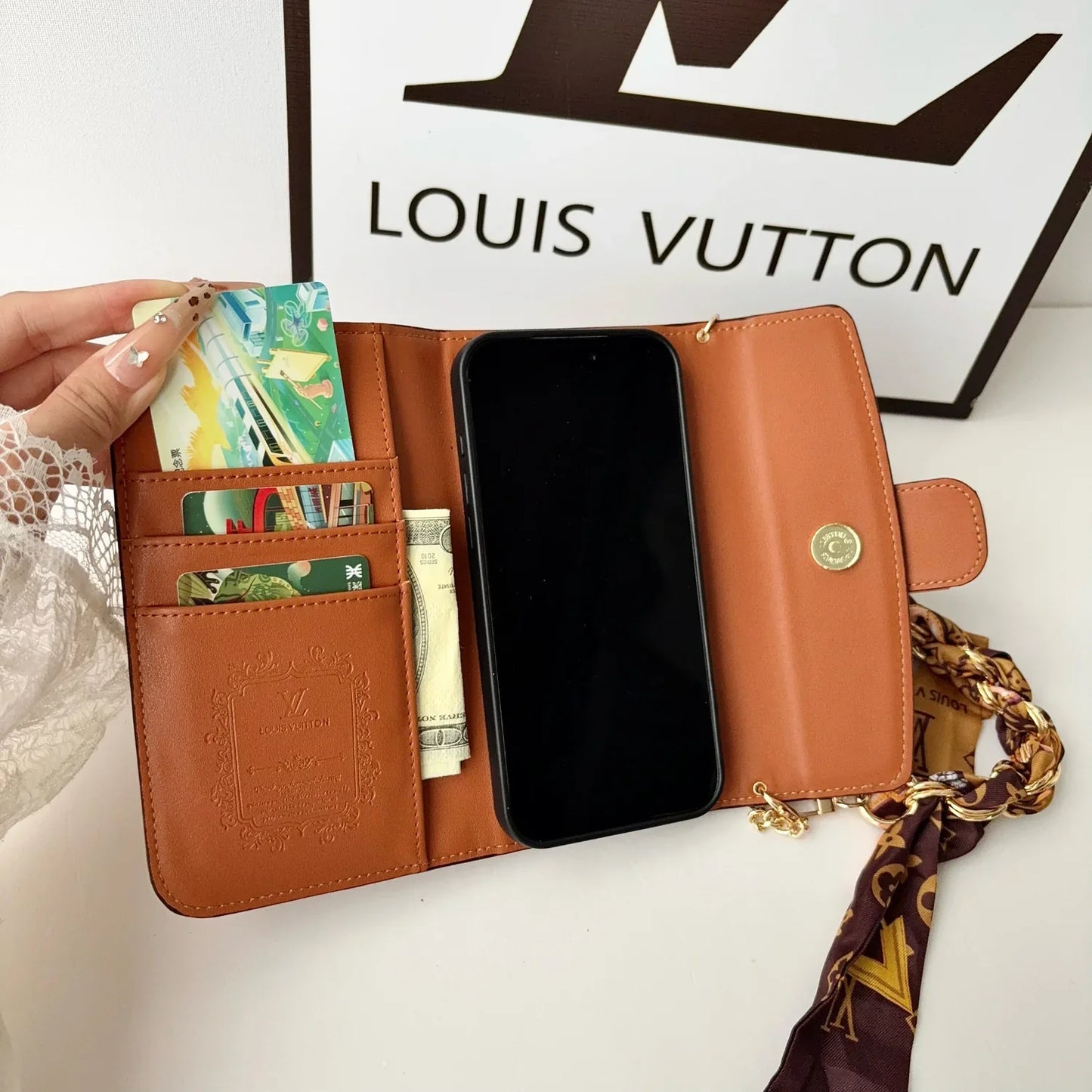 Luxury Leather Louis Vuitton iPhone Case With Flip Wallet And Chain