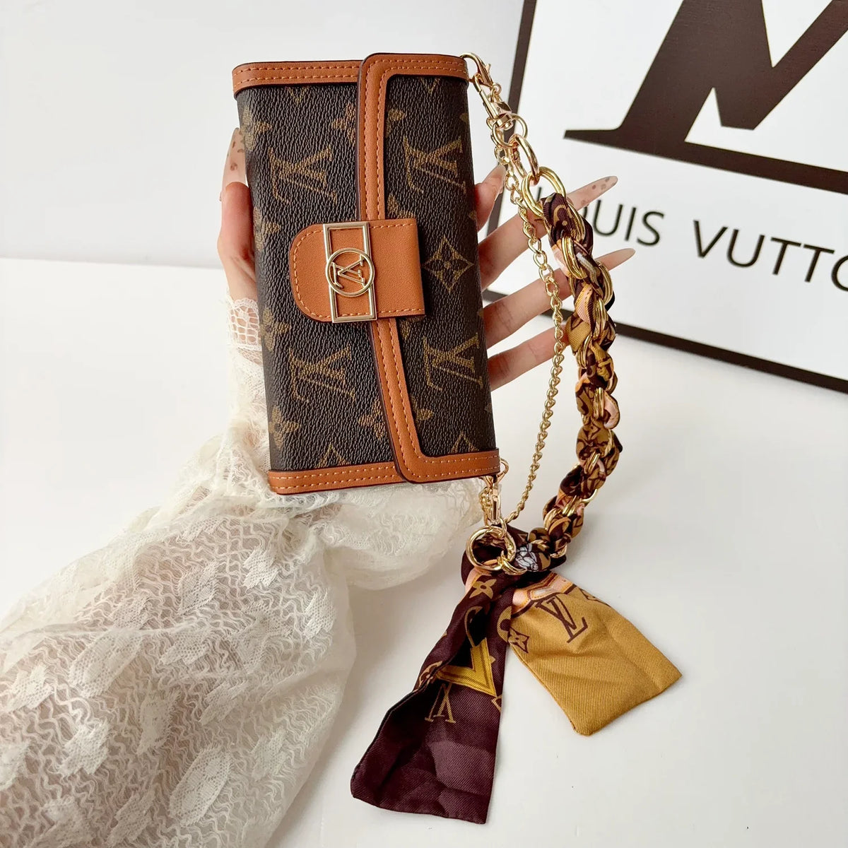 Luxury Leather Louis Vuitton iPhone Case With Flip Wallet And Chain