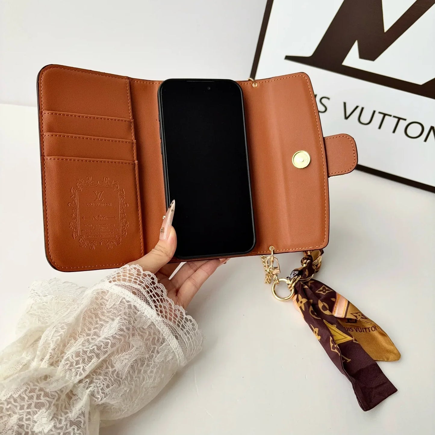 Luxury Leather Louis Vuitton iPhone Case With Flip Wallet And Chain