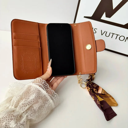 Luxury Leather Louis Vuitton iPhone Case With Flip Wallet And Chain