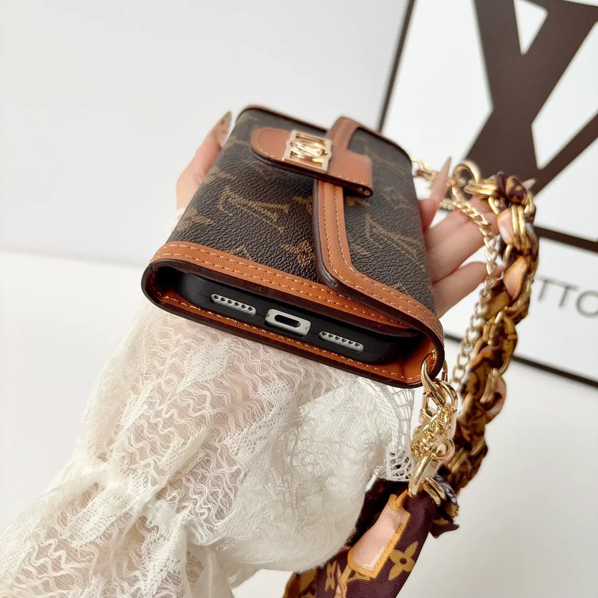 Luxury Leather Louis Vuitton iPhone Case With Flip Wallet And Chain