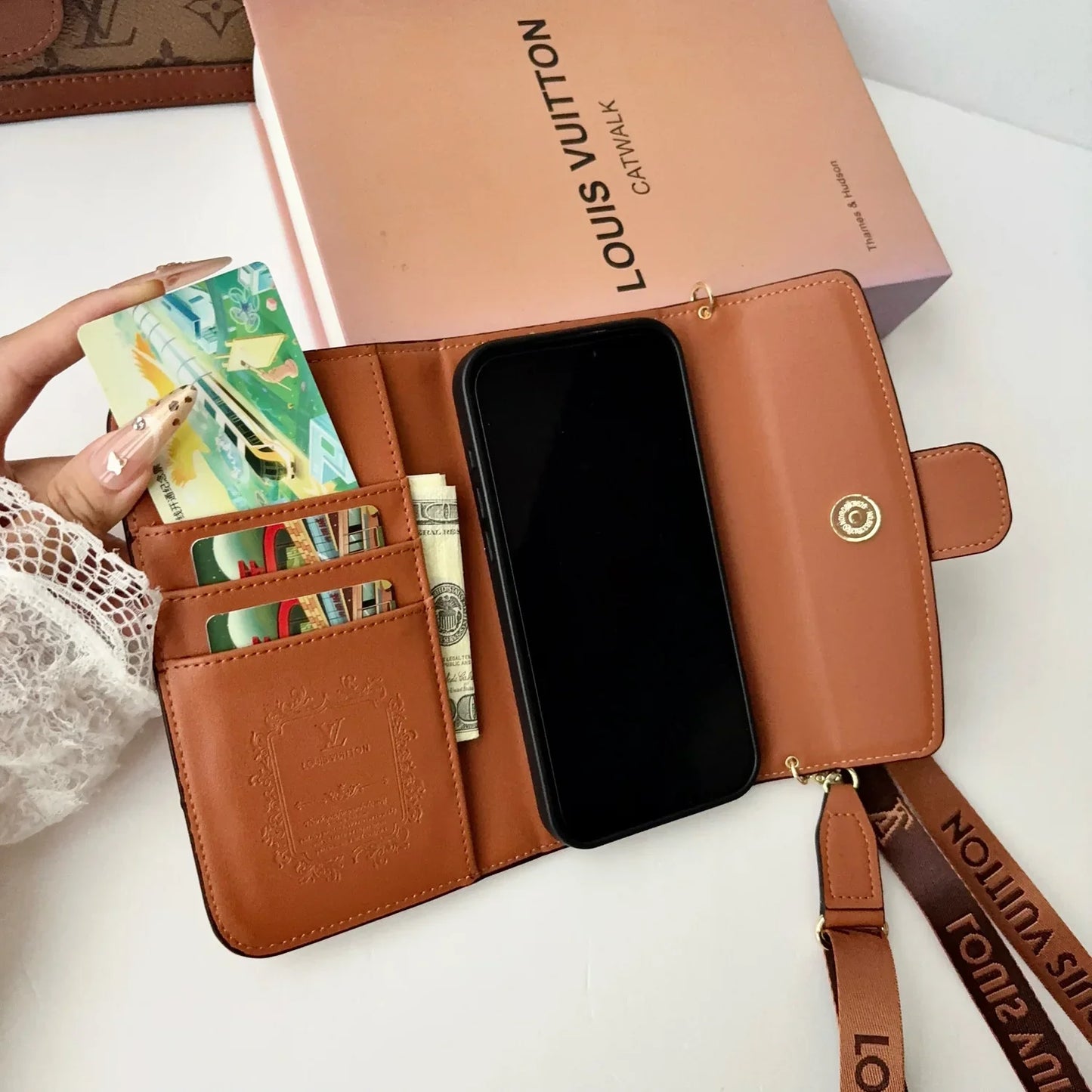 Luxury Leather Monogram iPhone Case With Flip Wallet And Crossbody Strap