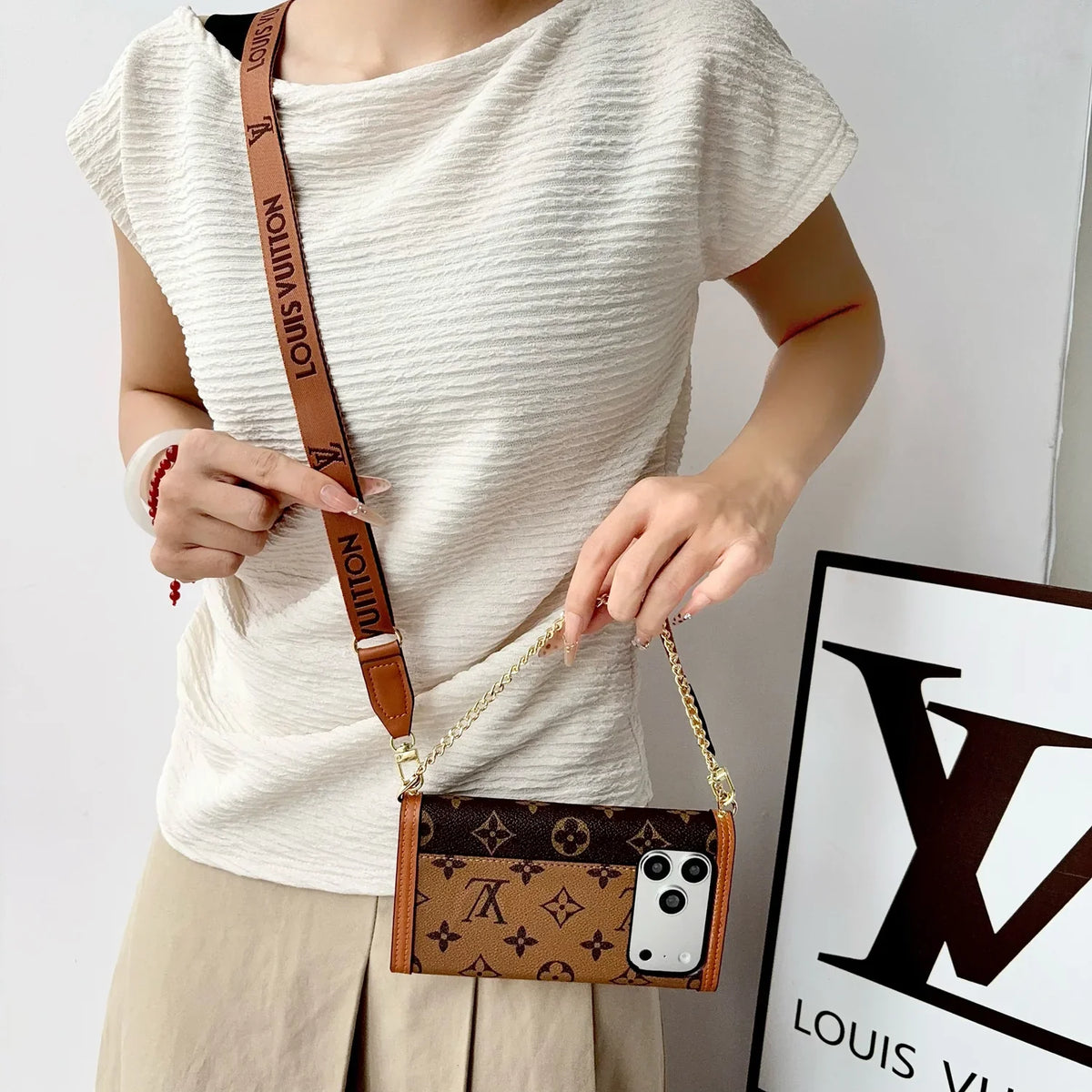 Luxury Leather Monogram iPhone Case With Flip Wallet And Crossbody Strap