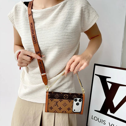 Luxury Leather Monogram iPhone Case With Flip Wallet And Crossbody Strap