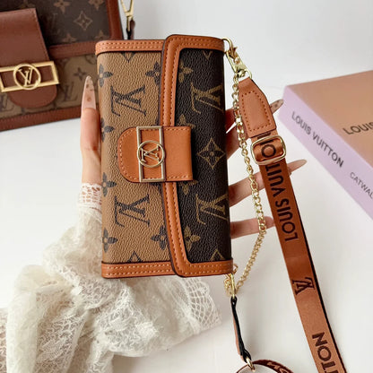 Luxury Leather Monogram iPhone Case With Flip Wallet And Crossbody Strap